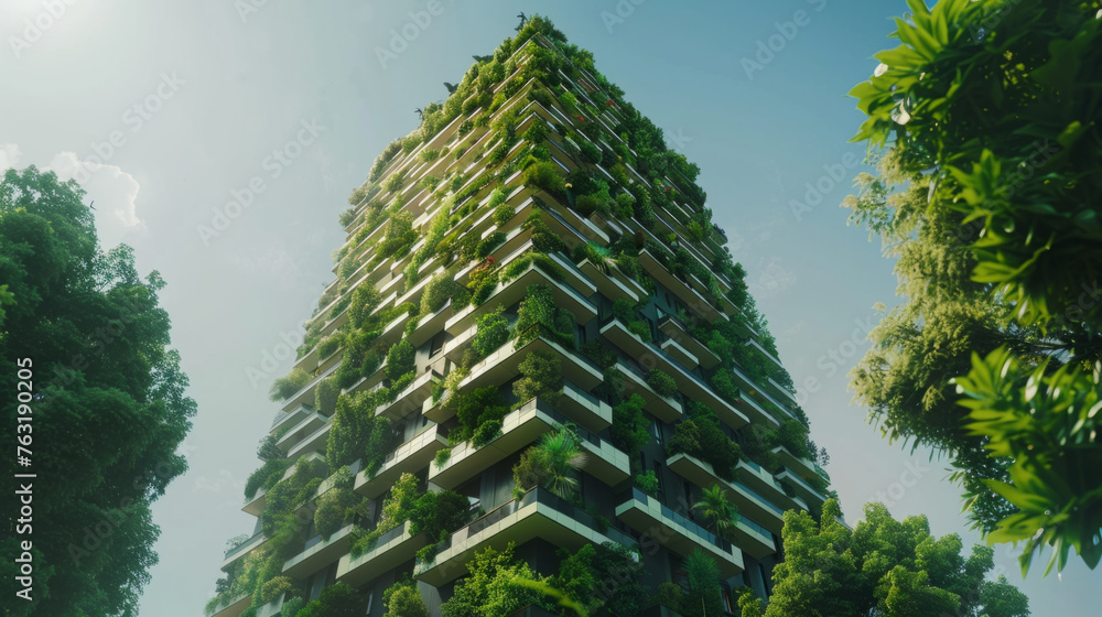 A modern, multi-story building covered with lush greenery and vegetation under a clear blue sky, representing an eco-friendly and sustainable architectural design in an urban environment.