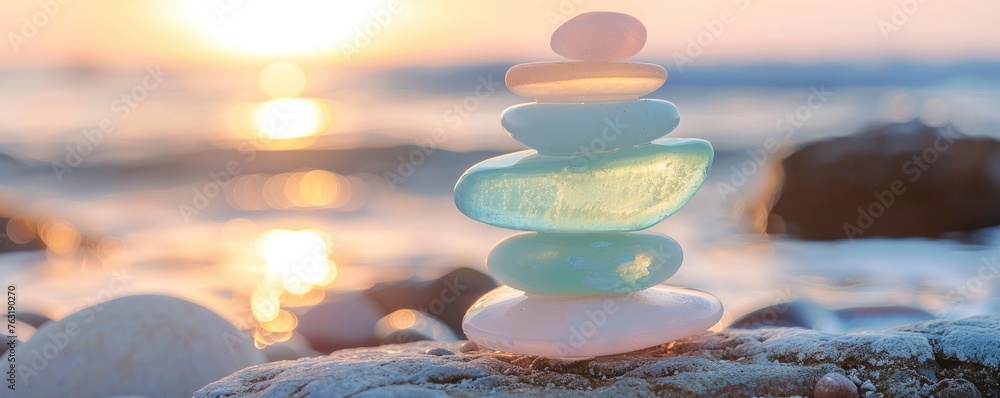 A stack of pastelcolored sea glass stones balanced on top each other, with the sun setting over an ocean in the background. - obrazy, fototapety, plakaty 
