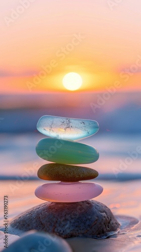 A stack of pastelcolored sea glass stones balanced on top each other, with the sun setting over an ocean in the background. © Ahasanara