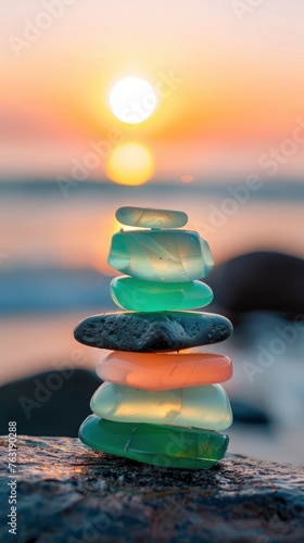 A stack of pastelcolored sea glass stones balanced on top each other, with the sun setting over an ocean in the background.