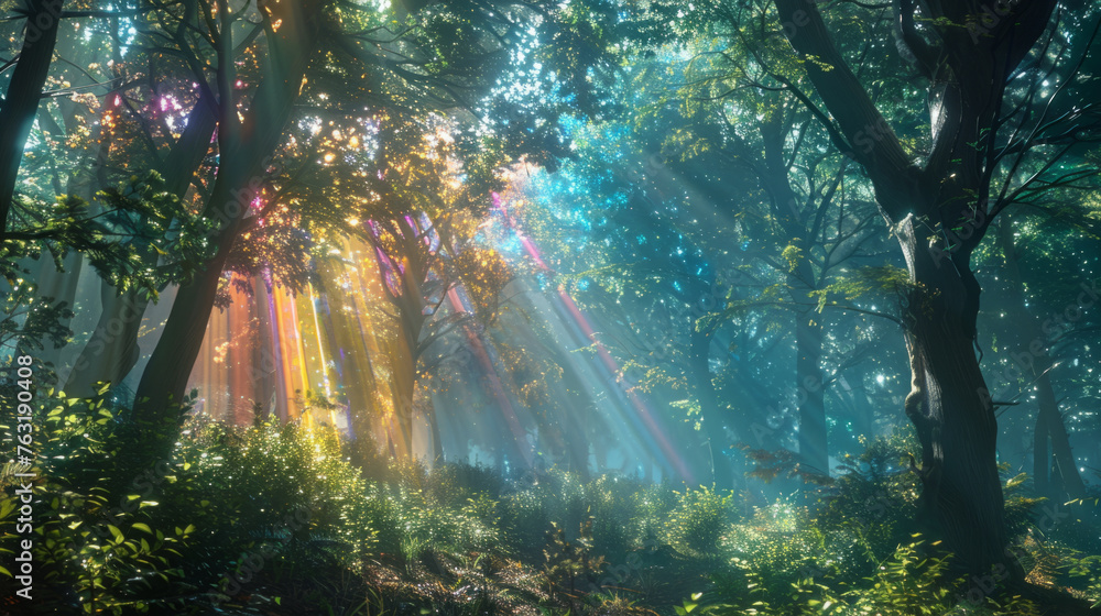A mystical forest bathed in the soft glow of sunlight filtering through dense foliage, highlighting the vivid colors and creating a peaceful, enchanting atmosphere.
