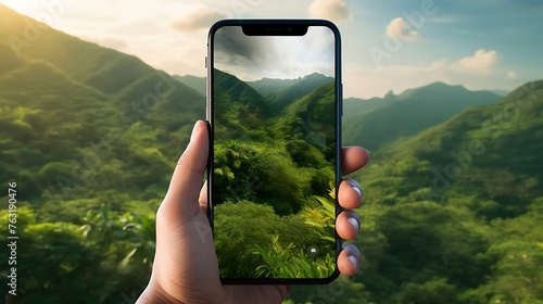 Mountain Majesty: A Hand Holding a Smartphone Displaying Lush Green Mountains
