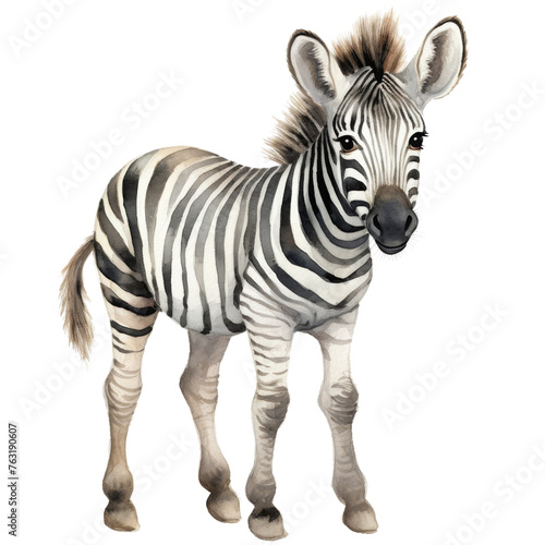 Watercolor cute Zebra on transparent background