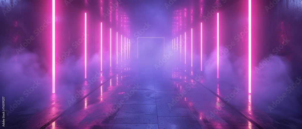 A surreal photography capturing a dimly lit hallway adorned with vibrant 3D neon lights.