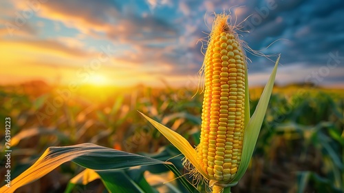 Ripe corn cobs in a field backlit by the setting sun. Generative Ai