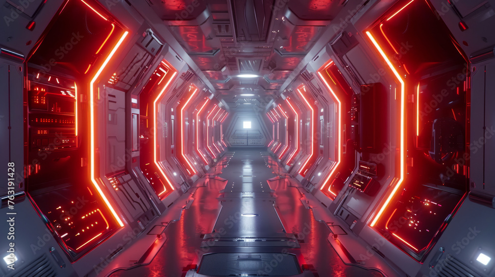 A futuristic corridor illuminated by red neon lights, featuring high-tech walls with panels and a metallic floor leading into the distance. - obrazy, fototapety, plakaty 