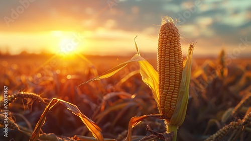 Ripe corn cobs in a field backlit by the setting sun. Generative Ai photo