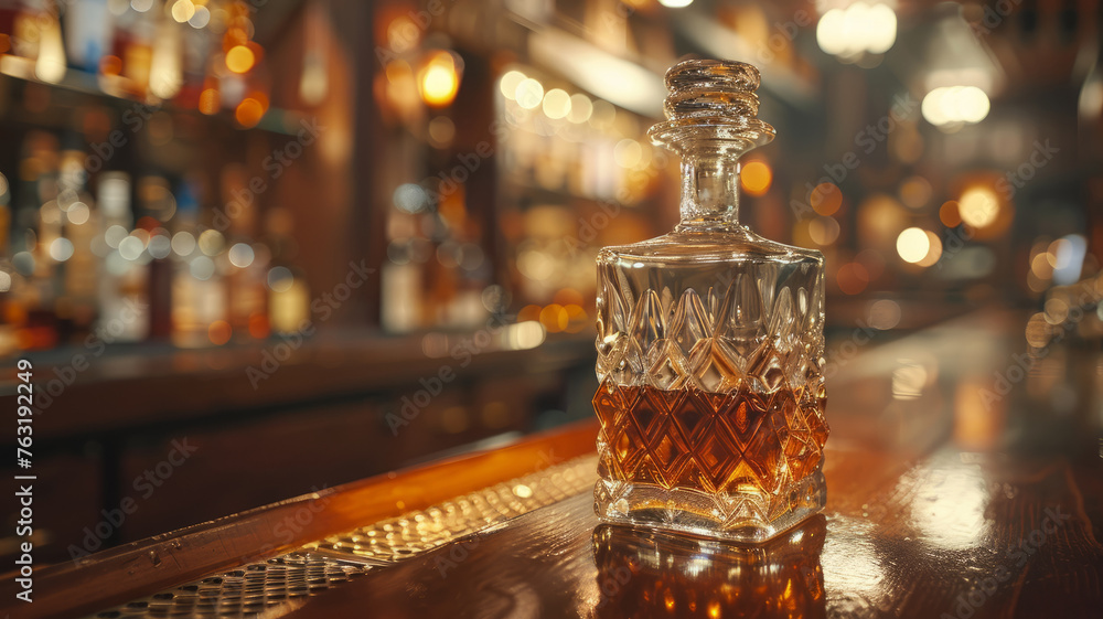 A crystal whiskey decanter on a bar counter. A crystal whiskey decanter on a bar counter.