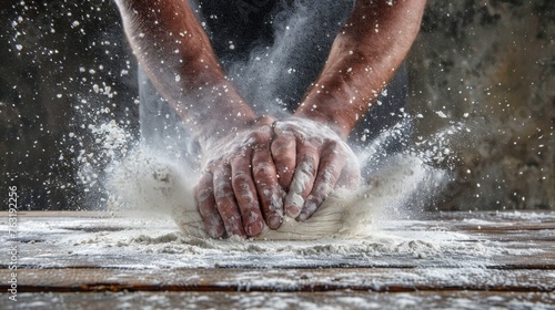 A dynamic action shot of hands kneading bread dough with flour dusting in the air, highlighting the energy of baking.