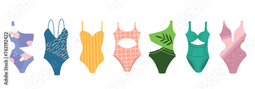 Beach swimsuit set. One-piece swimsuits summer vacation clothing fashion. Swimming wear vector set. Stylish set women's swimwear isolated on white background. Fashionable swimsuits. photo