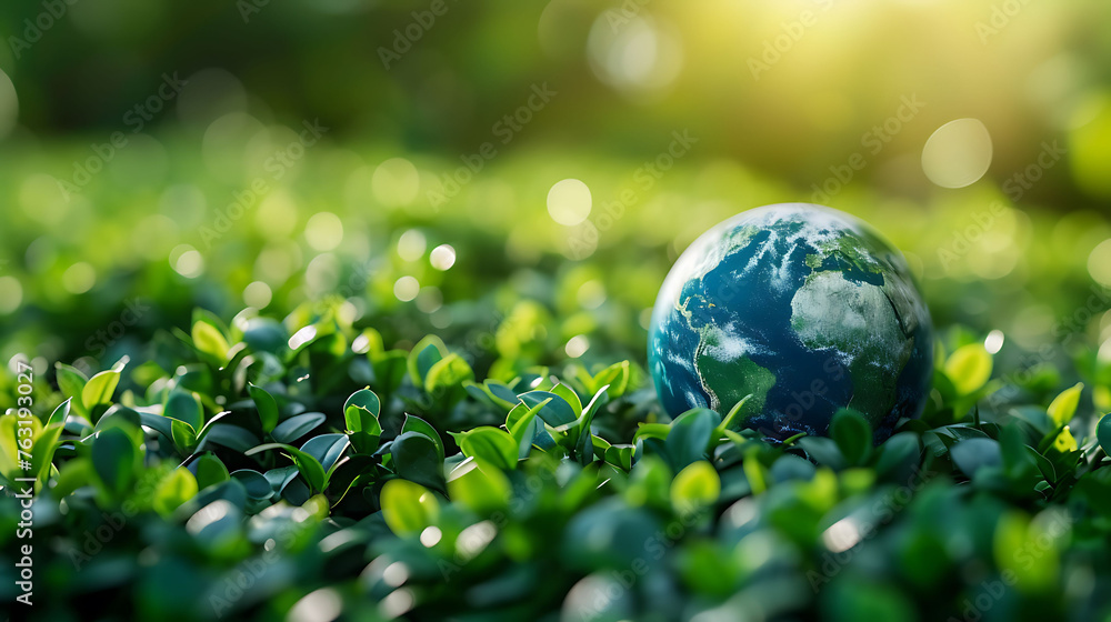 Earth planet sphere on green leaves background. Ecology and environment care concept Earth planet sphere on green leaves background. Ecology and environment care concept