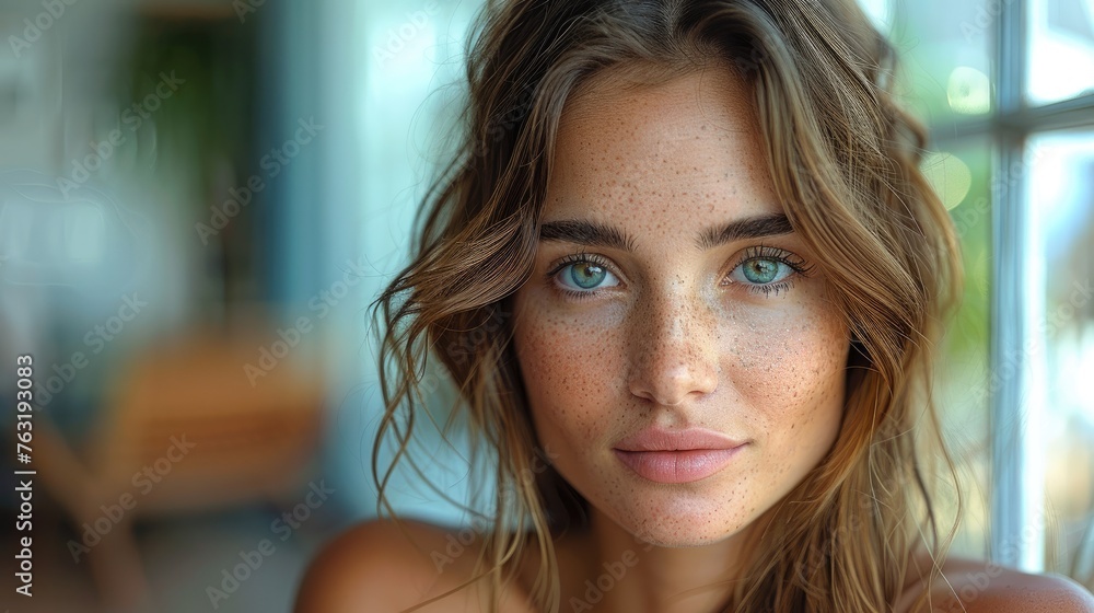 Serene Woman with Freckles in Gentle Light. Serene Woman with Freckles in Gentle Light.