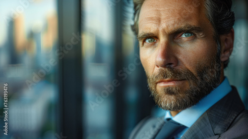 Man in suit by window with city view