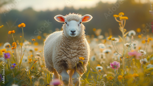 A sheep in a flower field at sunset