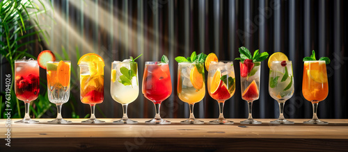 various types of drinks blend of ingredients from fresh plants and fruits