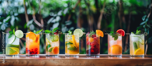 various types of drinks blend of ingredients from fresh plants and fruits