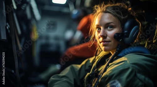 Military nurse in action on medical plane symbolizing dedication