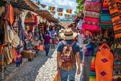 A man in a hat and a backpack walks through the bazaar. Rear view.