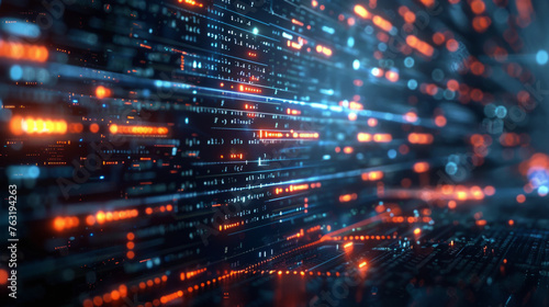 Futuristic digital data and network server background with glowing lights representing high tech, cyber security, and information technology.