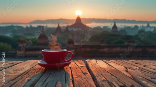 Bagan, where the beautiful ancient architecture of Burma stands tall These timeless structures exude a sense of grandeur. Amidst this peaceful scene with a red coffee cup