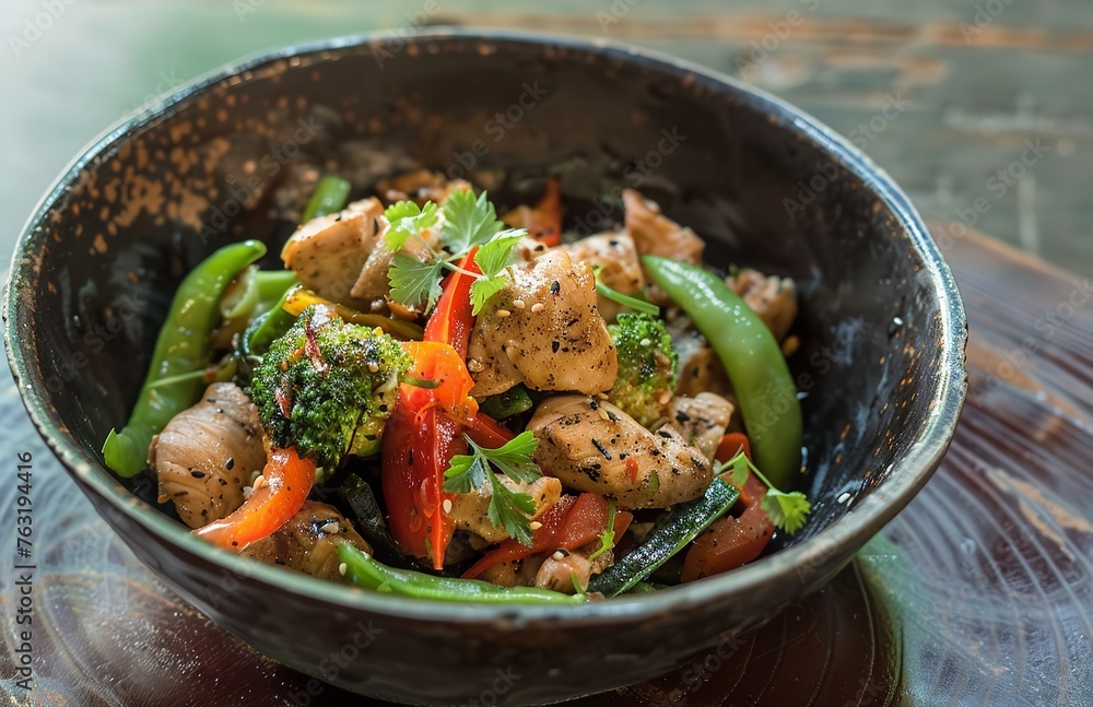 A bowl with chicken and vegetables in it in th
A bowl with chicken and vegetables in it in th