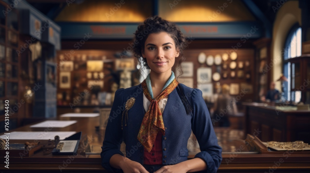 Period-appropriate receptionist at museum showcasing historical era Period-appropriate receptionist at museum showcasing historical era
