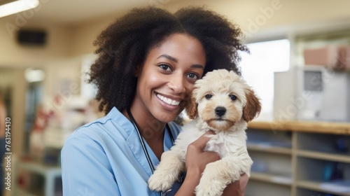 Pet-friendly vet receptionist comforting atmosphere with puppy in arms