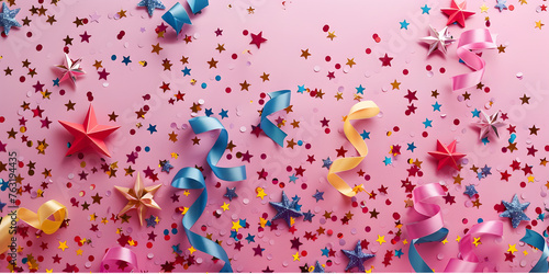 Top view of colorful party confetti background, Elevated view of colorful confetti on pink background.