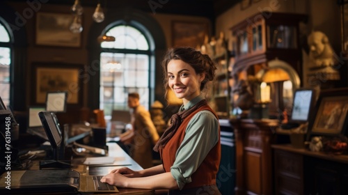 Historic museum receptionist in period costume surrounded by artifacts