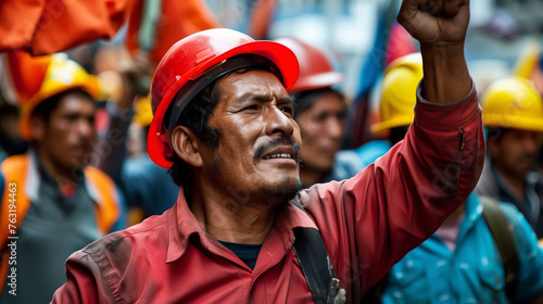 Group of workers during a protest for labor rights. Labor day concept.
