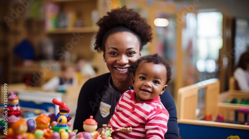 Cheerful toddler with receptionist at daycare playful decor