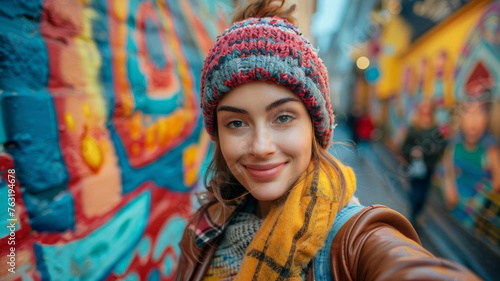 Young woman taking a selfie with graffiti background. © SashaMagic