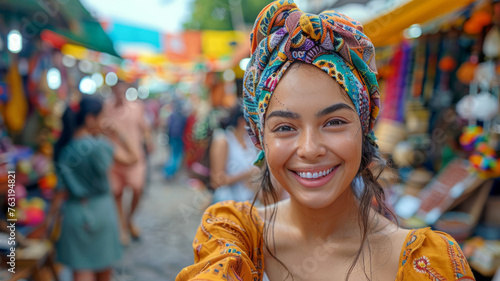 Smiling woman in a colorful market
