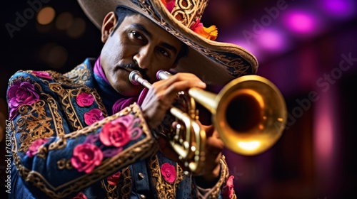 Mariachi musician playing trumpet traditional attire vibrant colors © javier