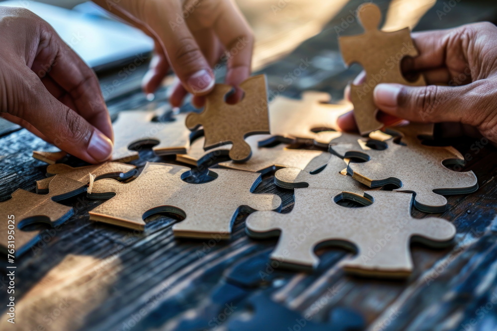 Hands join puzzle pieces, putting the jigsaws team together, business concept Hands join puzzle pieces, putting the jigsaws team together, business concept