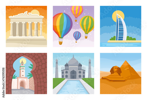 Different world famous symbols set. Acropolis, Taj Mahal, Dubai, Cappadocia, Morocco, Egyptian pyramids. Historical buildings, landmarks. 