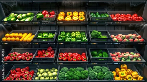 Shelves with fruits and vegetables in a supermarket, green bell peppers, red bell peppers and tomatoes, as well as other vegetables