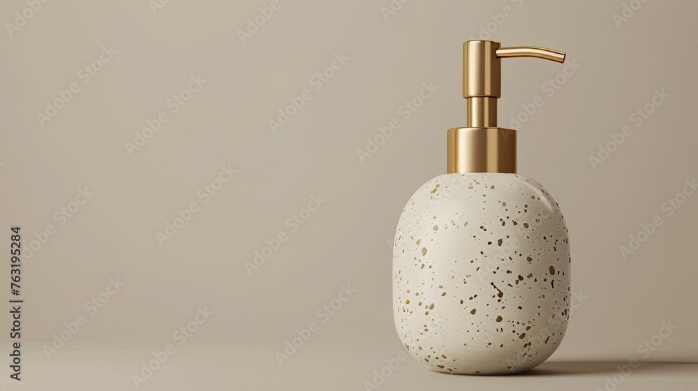 Elegant beige soap bottle with a gold pump, made of textured terrazzo material, on an isolated light background. The composition is centered and the product is positioned at eye level. Elegant beige soap bottle with a gold pump, made of textured terrazzo material, on an isolated light background. The composition is centered and the product is positioned at eye level.