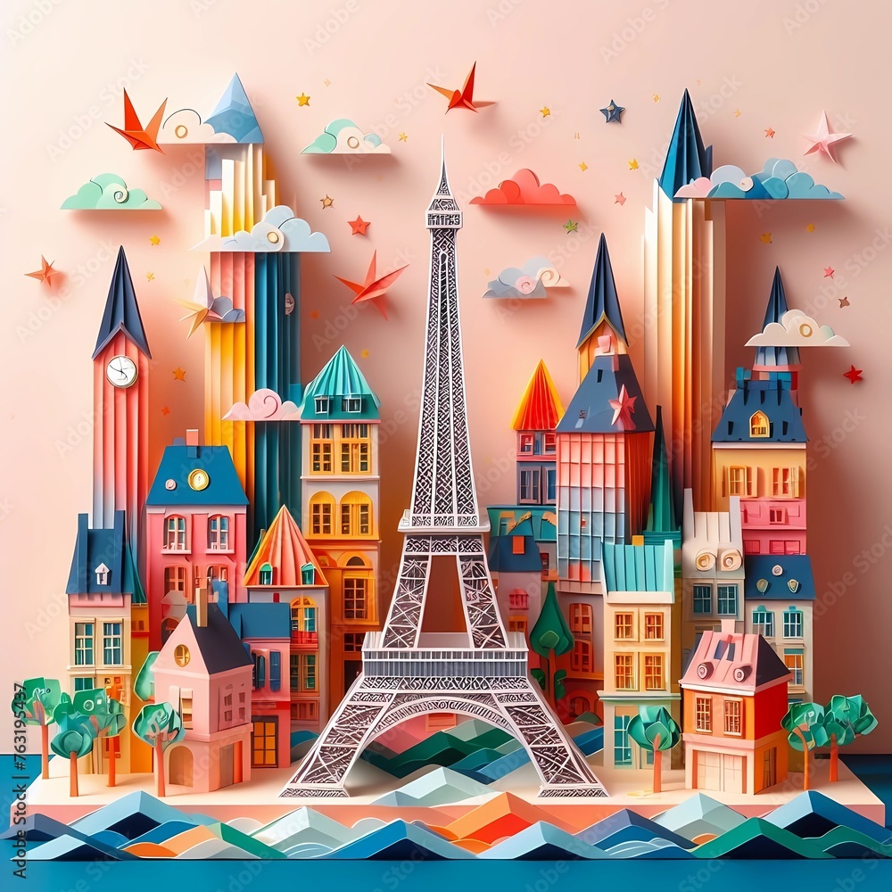 Abstract art paper art origami diorama of Paris City, colorful modern art ukiyo style.

