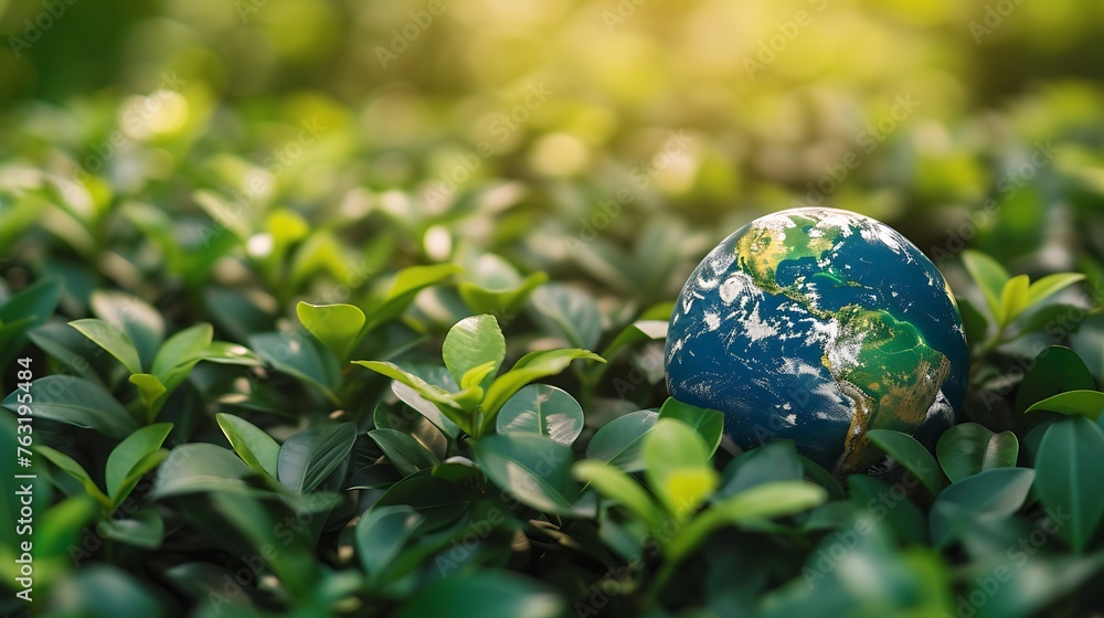 Earth planet sphere on green leaves background. Ecology and environment care concept Earth planet sphere on green leaves background. Ecology and environment care concept