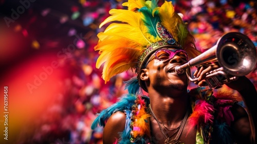 Brazilian carnival trumpeter energetic samba tunes adorned in feathers photo