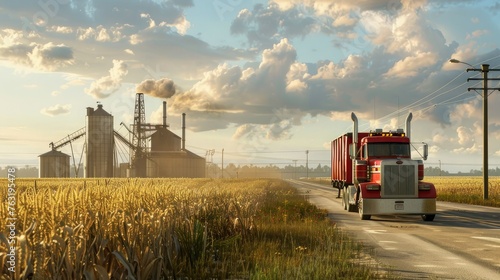 A red truck or grain truck is driving along the road, and behind it are grain fields, silos and granaries. In the background is an industrial grain processing plant.