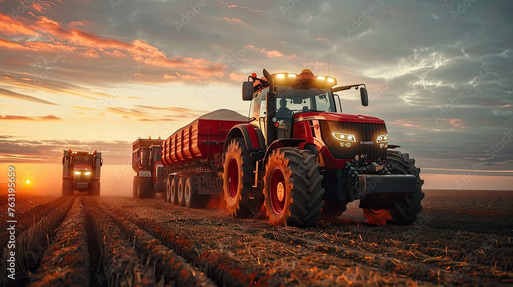a red tractor pulls out of a field and pulls an empty large trailer, behind it is a large truck with yellow lights on top, driving towards the sunset, golden hour, wheat fields in the background a red tractor pulls out of a field and pulls an empty large trailer, behind it is a large truck with yellow lights on top, driving towards the sunset, golden hour, wheat fields in the background
