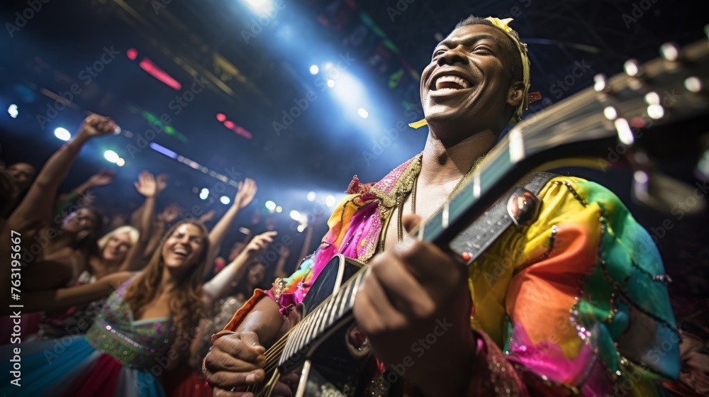 Guitarist at Brazilian carnival surrounded by dancers colorful vibrance
