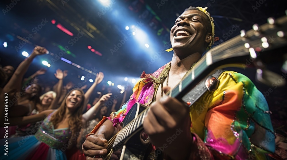 Fototapeta premium Guitarist at Brazilian carnival surrounded by dancers colorful vibrance