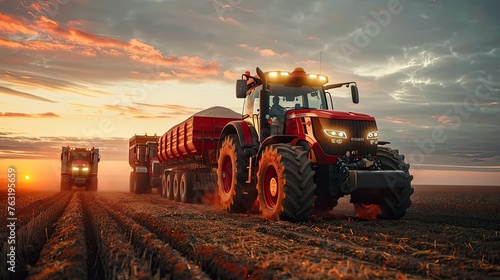 a red tractor pulls out of a field and pulls an empty large trailer, behind it is a large truck with yellow lights on top, driving towards the sunset, golden hour, wheat fields in the background