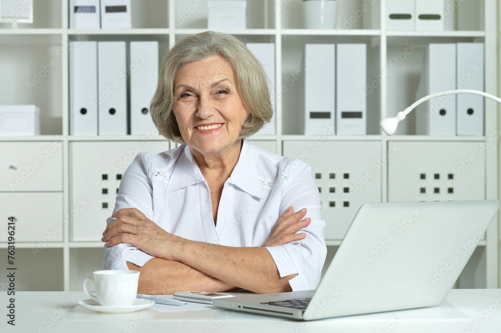 Senior business woman working in office with laptop Senior business woman working in office with laptop