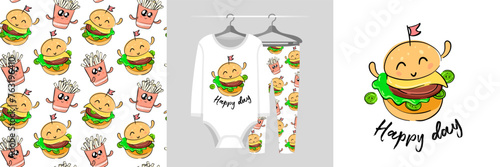 Burger icon concept, text Happy day. Dancing Food set, seamless pattern, cute mascot illustration for tee prints, pajamas, baby shower decor, fabric design, wrapping, web landing page, banner, sticker