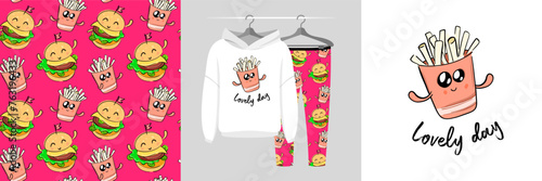 Fries icon concept, text Lovely day. Dancing Food set, seamless pattern, cute mascot illustration for tee prints, pajamas, baby shower decor, fabric design, wrapping, web landing page, banner, sticker