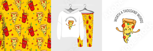 Slice of pizza icon concept - Worth a thousand words. Dancing Food set, seamless pattern, cute mascot illustration for tee prints, pajamas, baby shower decor, fabric design, wrapping, banner, sticker